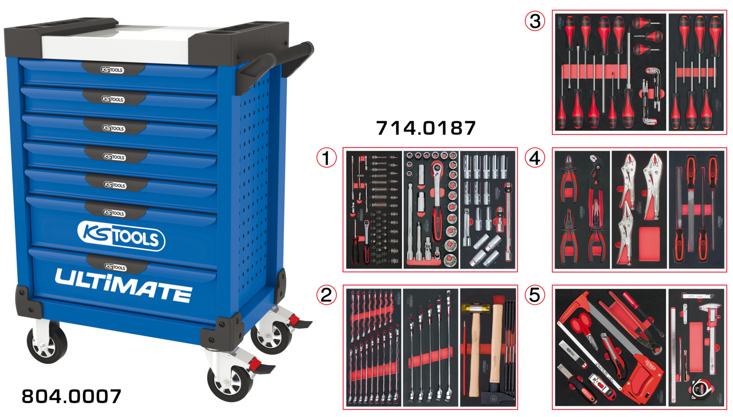 Servante ULTIMATE bleue 7 tiroirs équipée de 187 outils KS Tools - 804.7186